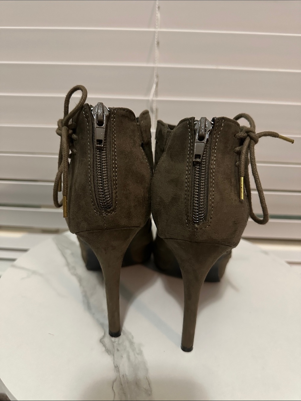 Women's Olive Suede Peep-Toe High Heel Booties - Picture 4 of 4